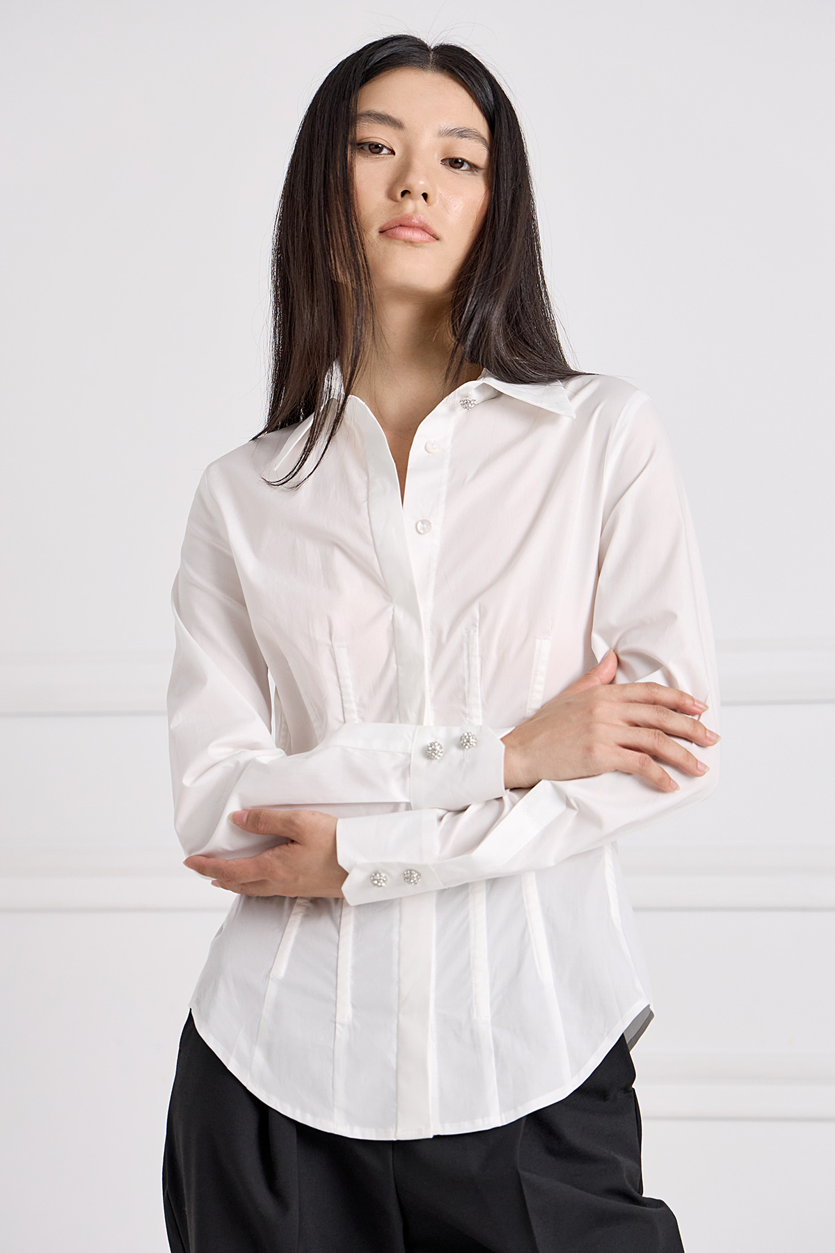 RUEDI - LOOK 2. Cotton Poplin Draped Shirt. Styled with soft leather corset  top. #ruedi #collection #collection2021 #whiteshirt #irishdesigner  #madeinireland #foreverfashion #investmentdressing