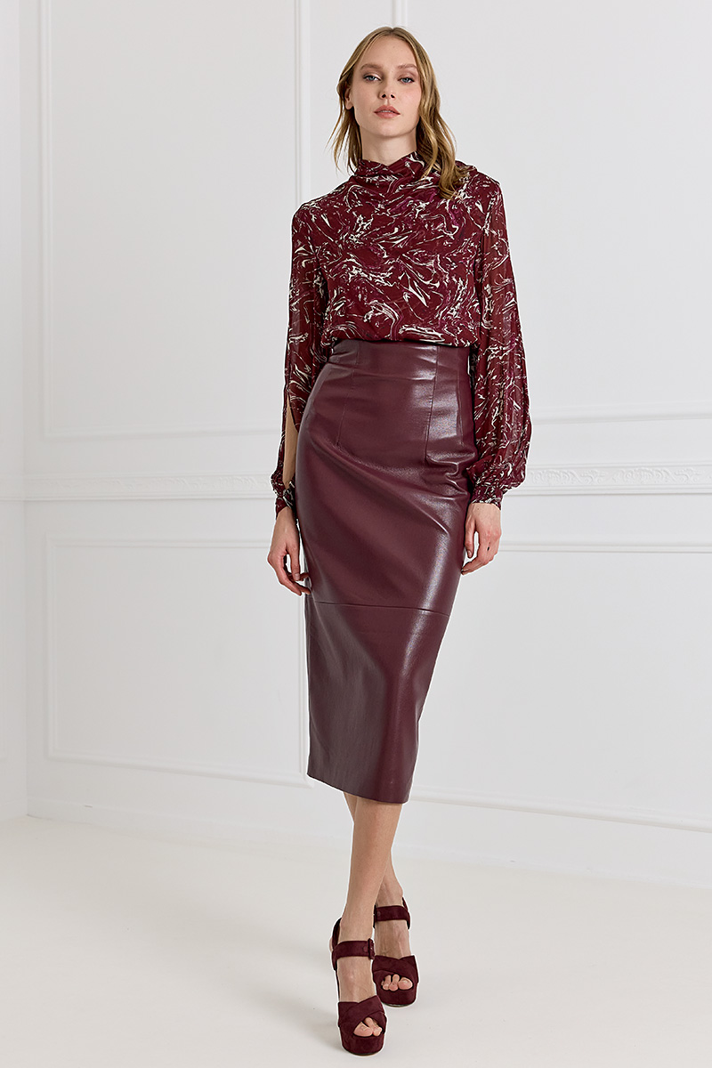 Midi Faux-Leather Skirt - BORDEAUX