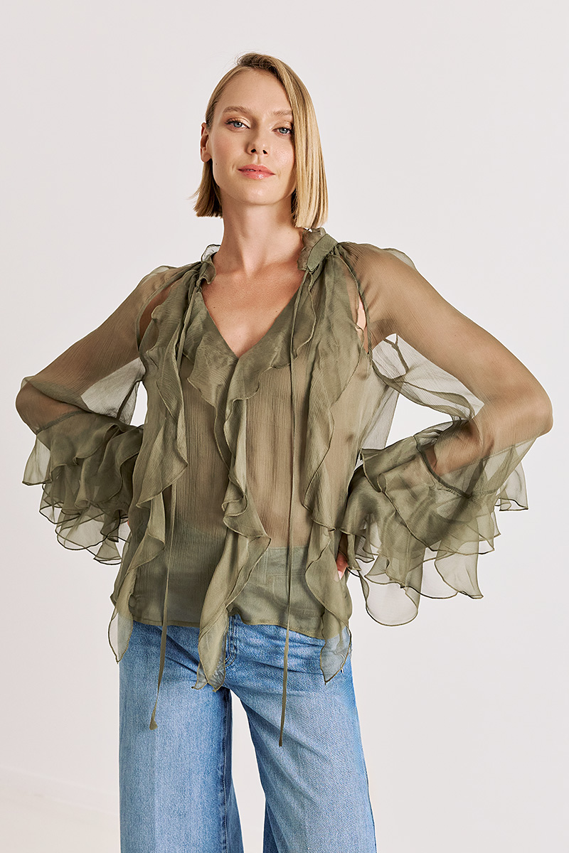 SILK BLOUSE WITH BELL SLEEVE