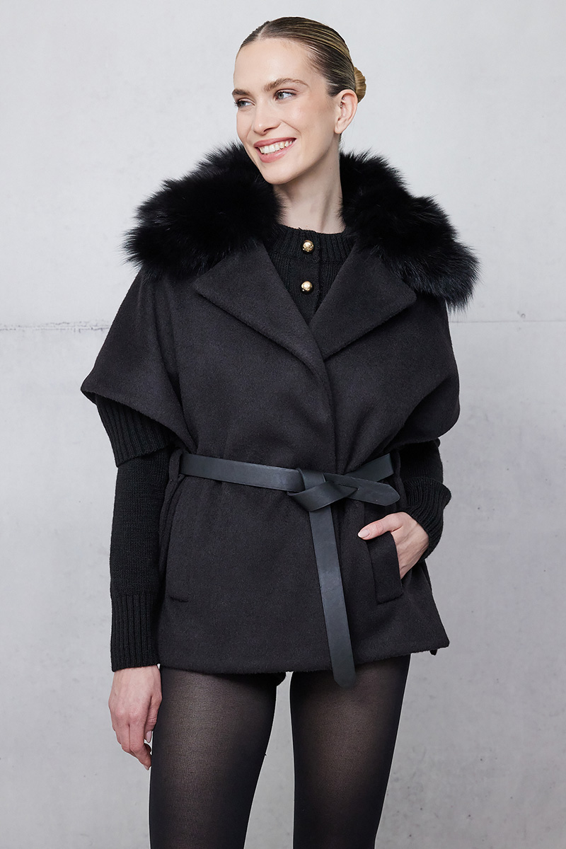 100% Wool Belted Coat with Fur Cuffs - Taupe main image 1