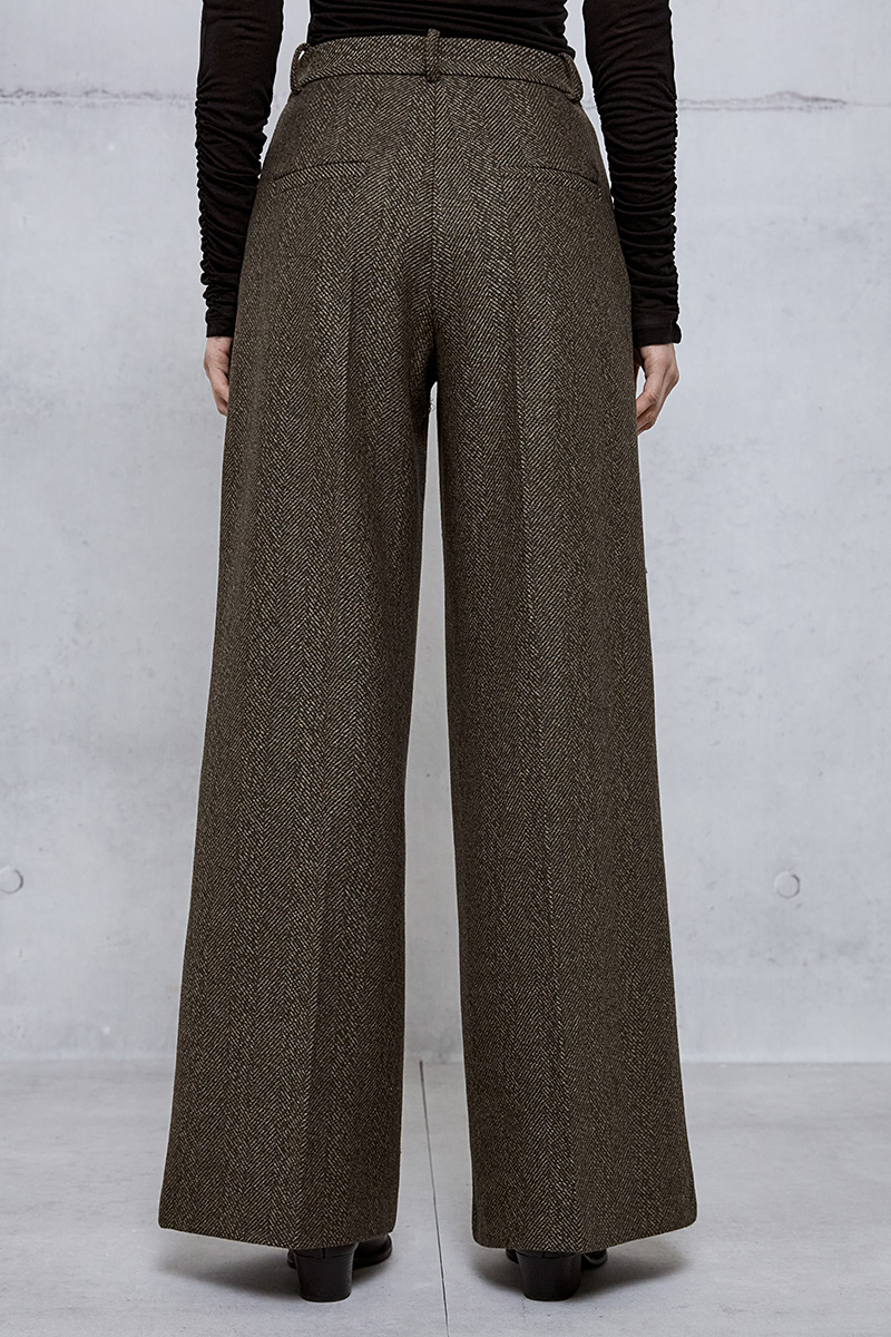 WIDE-LEG WOOL PANTS - KHAKI | Zini Boutique