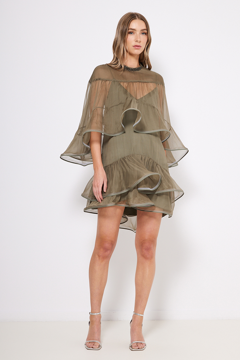MINI SILK DRESS WITH DETACHABLE CAPE
