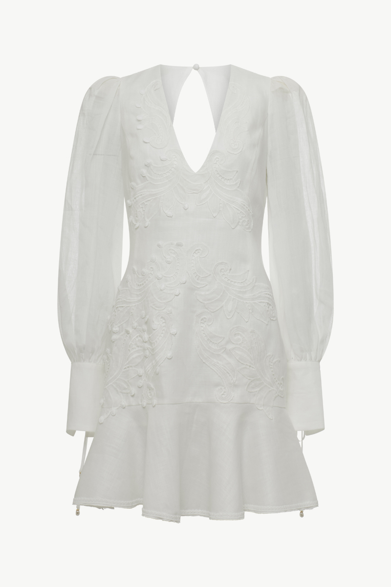 LINEN MINI EMBROIDERED DRESS - WHITE | Zini Boutique