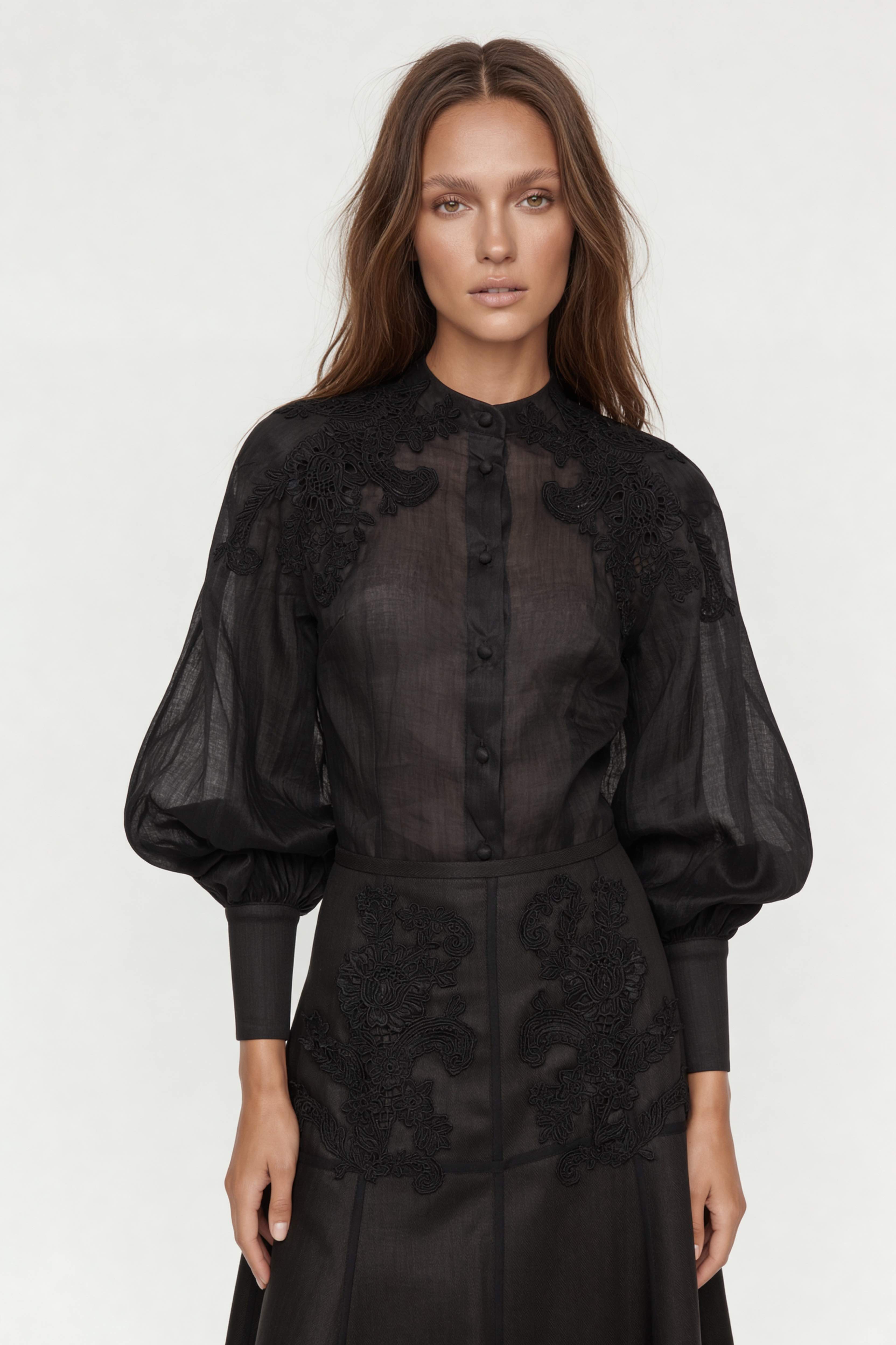 PUFF SLEEVED RAMMIE EMBROIDERED SHIRT