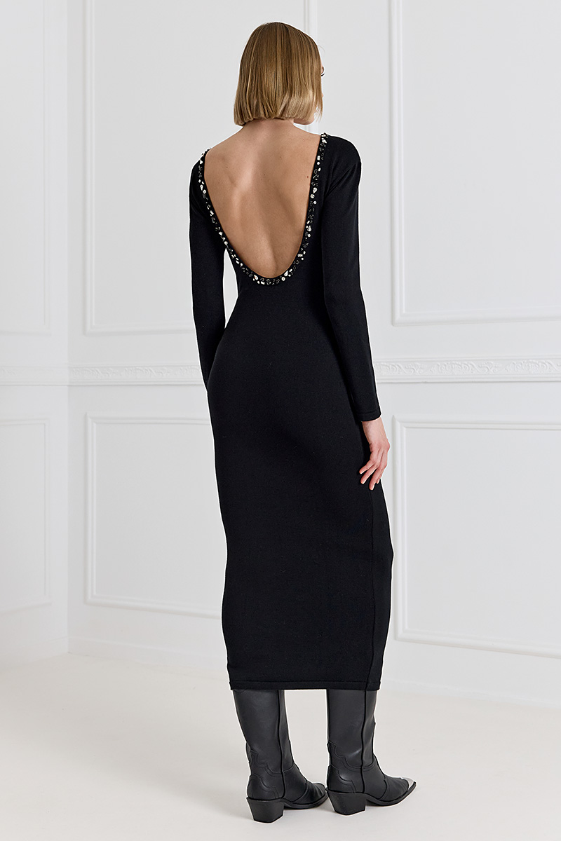 Embroidered Open-back Knit Dress