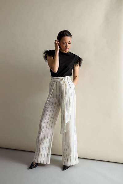 Wide Striped Trousers with Belt