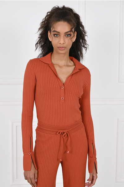 Ribbed-knit Polo Top