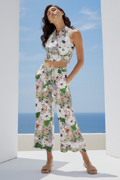 Belted Floral-Print Linen Pants