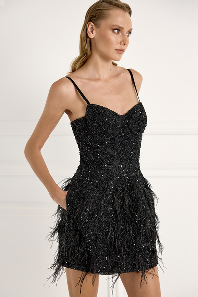 Sequinned Mini Dress with Feathers