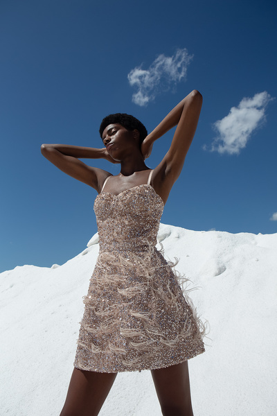 Sequinned Mini Dress with Feathers