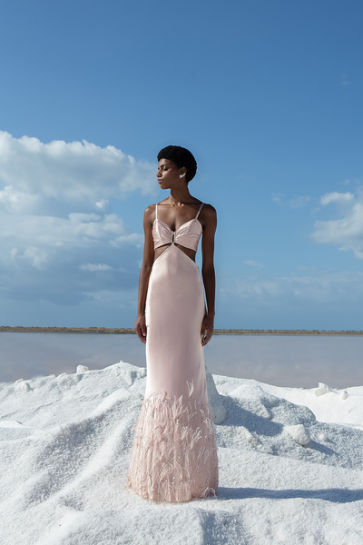 Feather-trimmed Long Silk Dress