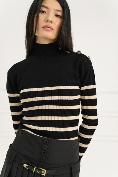 High-neck Knit Top with Stripes