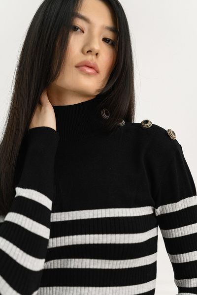 High-neck Knit Top with Stripes