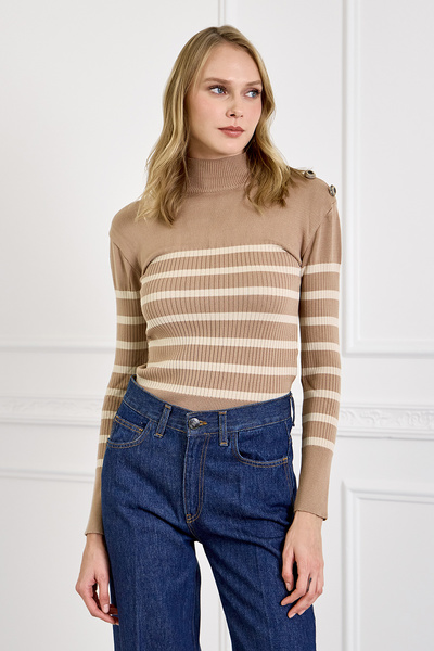 High-neck Knit Top with Stripes