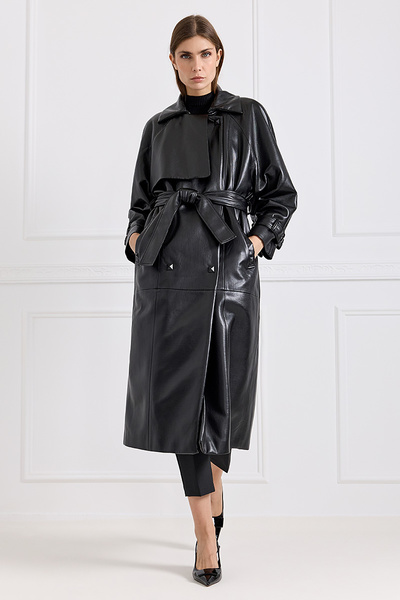 Faux-Leather Belted Waist Trench-Coat