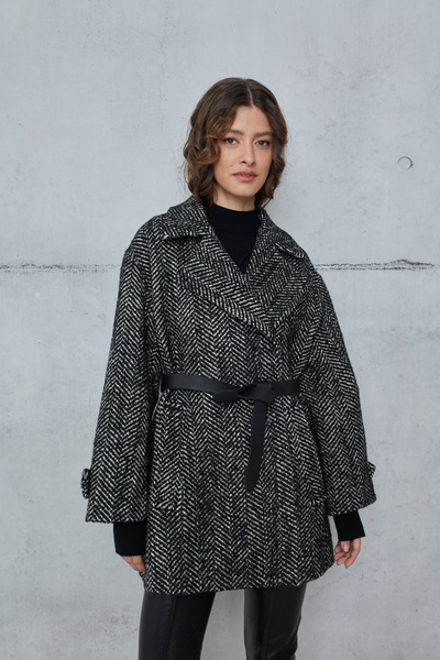 HERRINGBONE COAT WITH BELT - BLACK-WHITE | Zini Boutique