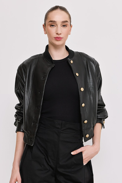 【送料&関税込】Golden  Letizia Casual Jacket In Black Classic Gold Zipper Stylish Biker Motorcycle Lambskin
