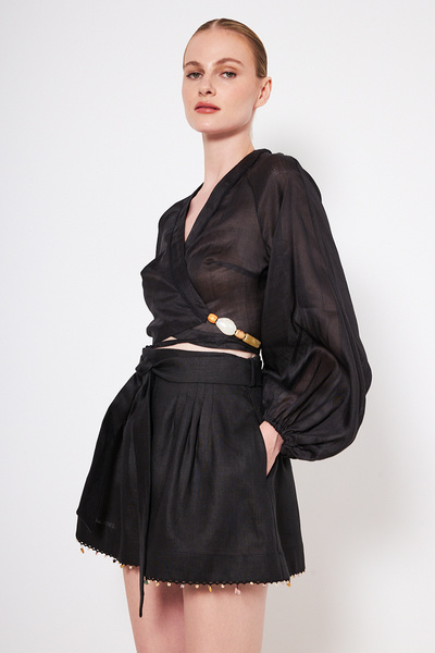 LINEN SHORTS WITH STONE EMBELLISHMENTS AT THE HEM