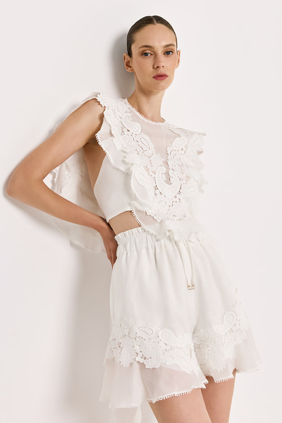 LINEN SHORTS WITH EMBROIDERY AND ELASTIC WAISTBAND