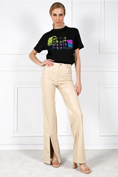 Vegan Leather Split-Hem Pants - CREAM 