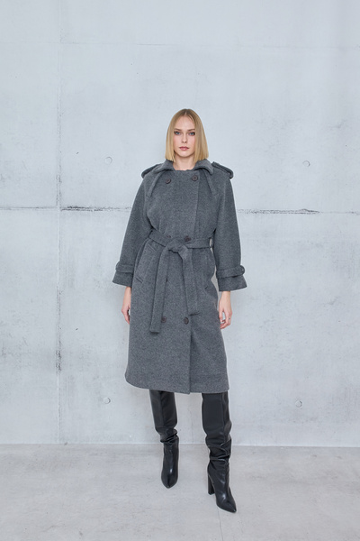 WOOL DOUBLE-BREASTED COAT WITH BELT - BLACK CHERRY | Zini WOOL DOUBLE-BREASTED COAT WITH BELT - BLACK CHERRY | Zini